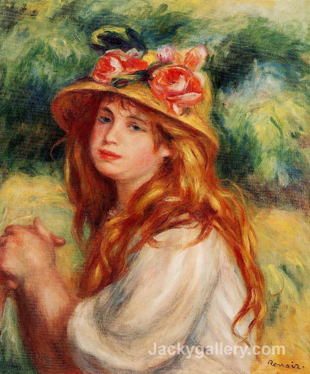 Blond in a Straw Hat(Seated Girl) by Pierre Auguste Renoir paintings reproduction - Click Image to Close